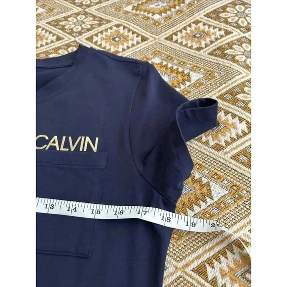 Calvin Klein Navy Blue Tshirt Dress Pocket Metallic Logo Cotton Knee Length Sz M - Picture 5 of 7